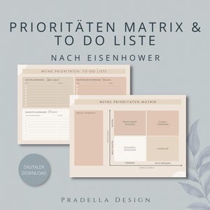 Op de afbeelding: Een digitale planner-sjabloon met een prioriteitenmatrix en to-do-lijst gebaseerd op de Eisenhower-methode. De lay-out bevat secties voor het categoriseren van taken op basis van belangrijkheid en urgentie, met tekst in het Duits in beige tinten.