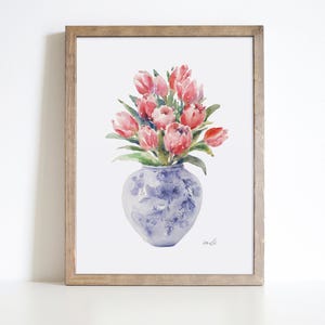 Pósteres verticales mate de tulipanes rosados en acuarela, arte de pared con jarrón transparente, decoración de cocina dibujada a mano, decoración de dormitorio de estilo rústico, regalo de la madre