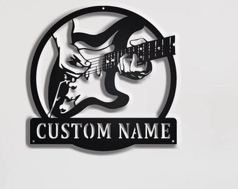 Custom Electric Guitar Metal Wall Art With LED Light, Personalized Electric Guitarist Name Sign Decoration For Room, Guitar Metal LED Decor