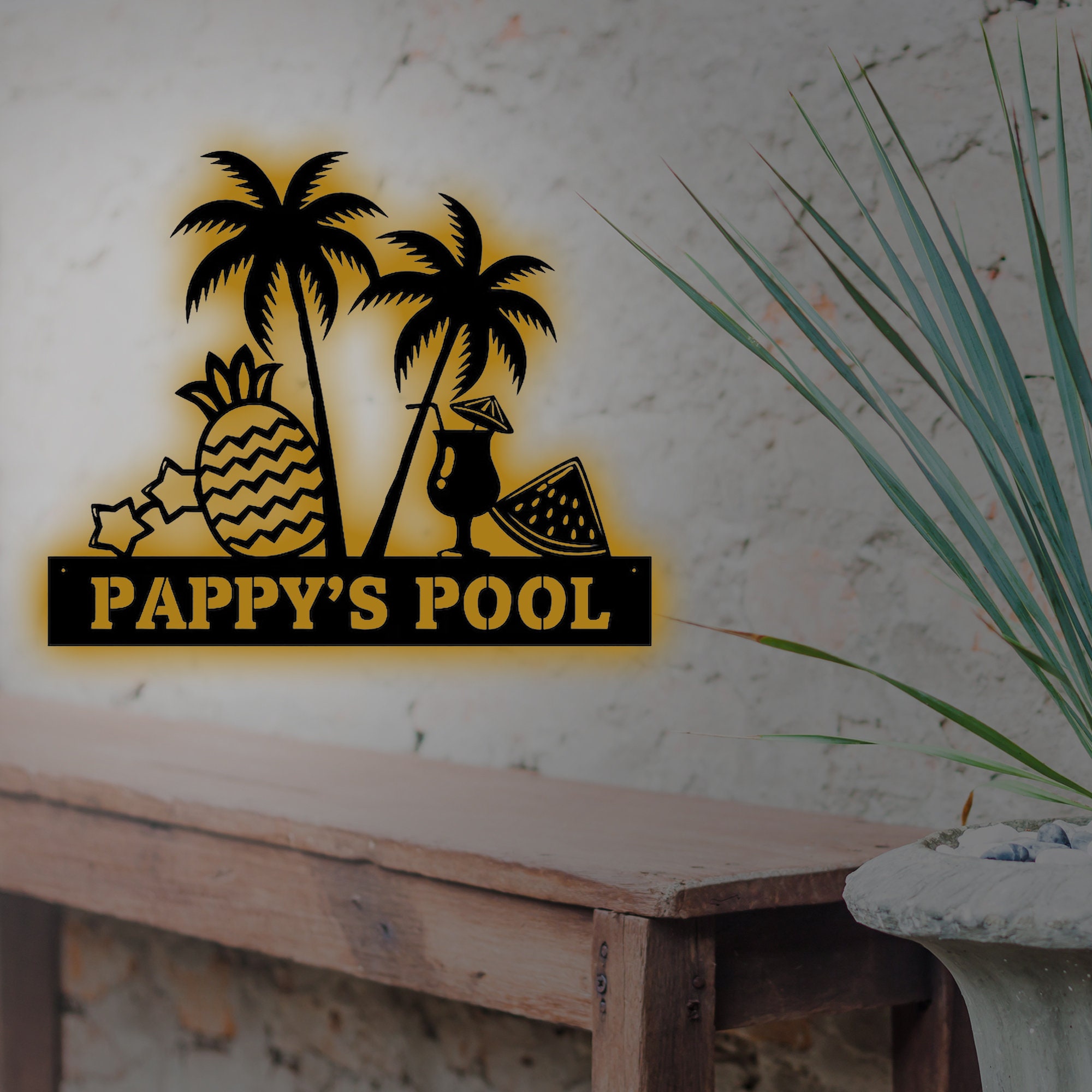 Pool Palm Tree Metal Sign, Custom Beach House Metal Wall Art, Personalized Swimming Pool Name