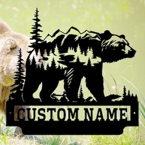 Personalized Bear Metal Wall Decor,Custom Bear Metal Wall Sign,Bear Name Signs,Bear Metal Wall Art,Outdoor Bear Decor,Rustic Cabin Bear Sign