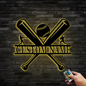 Personalized Baseball Metal Sign,Metal Custom Name Baseball Wall Sign With LED Light,Ball Wall Decor,Sports Theme Metal,Birthday Gift