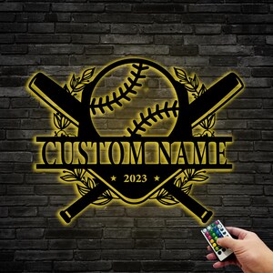 Personalized Baseball Metal Sign,Metal Custom Name Baseball Wall Sign With LED Light,Ball Wall Decor,Sports Theme Metal,Birthday Gift