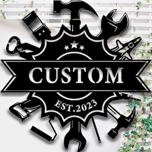 Personalized Tools Metal Name Signs,Custom Workshop Metal Sign,Black Tools Metal Wall Art Decor,Outdoor Metal Signs,Father&#39;s Day Gift