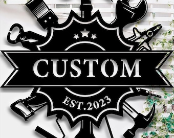Letreros metálicos personalizados con nombre de herramientas, letrero metálico personalizado para taller, decoración de pared metálica con herramientas negras, letreros metálicos para exteriores, regalo para el Día del Padre