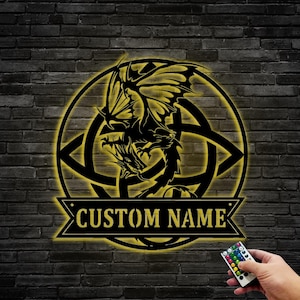 Targhe in metallo personalizzate a forma di drago, targhe in metallo personalizzate con nome a forma di drago e luce LED, targhe in metallo da appendere alla parete con drago, regali a tema drago