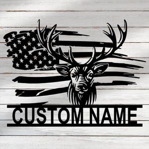 Personalisierte Hirsch Jagd Rahmen Metall Wandkunst, kundenspezifische Hirsch Elk Metall Namensschild, Hirschgeweih Metallschild, Hirsch Kunst Wand Dekor Jäger Zeichen Dekor