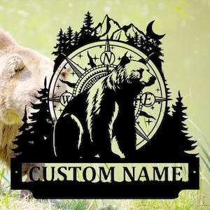Personalized Bear Metal Wall Decor,Custom Bear Metal Wall Sign,Bear Name Signs,Bear Metal Wall Art,Outdoor Bear Decor,Rustic Cabin Bear Sign