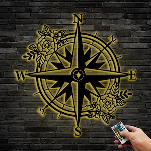 Personalized Metal Sun Compass Sign,Custom Compass Metal Sign With LED Light,Metal Compass Decor,Metal Wall Art,Compass Indoor Outdoor Sign
