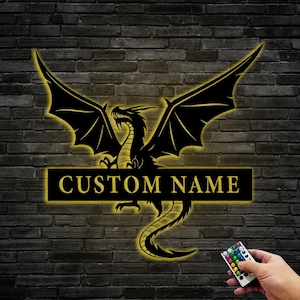 Targhe in metallo personalizzate a forma di drago, targhe in metallo personalizzate con nome a forma di drago e luce LED, targhe in metallo da appendere alla parete con drago, regali a tema drago