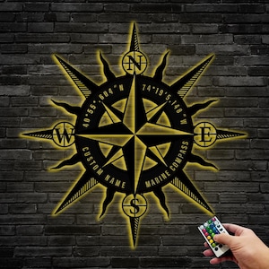 Personalized Metal Sun Compass Sign,Custom Compass Metal Sign With LED Light,Metal Compass Decor,Metal Wall Art,Compass Indoor Outdoor Sign