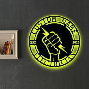 Custom Electrician Metal Wall Sign: LED Light, Personalized Name