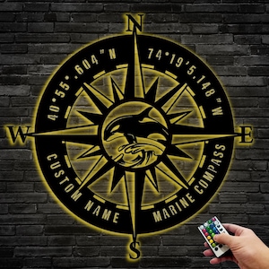 Personalized Metal Sun Compass Sign,Custom Compass Metal Sign With LED Light,Metal Compass Decor,Metal Wall Art,Compass Indoor Outdoor Sign