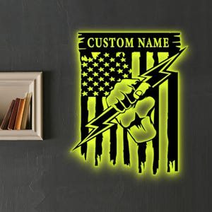Custom Electrician Metal Wall Sign: LED Light, Personalized Name