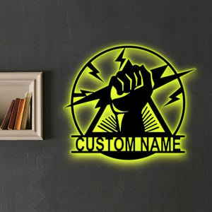 Custom Electrician Metal Wall Sign: LED Light, Personalized Name