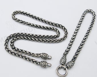Oxidized Sterling Silver Viking Necklace - Foxtail Wheat Chain