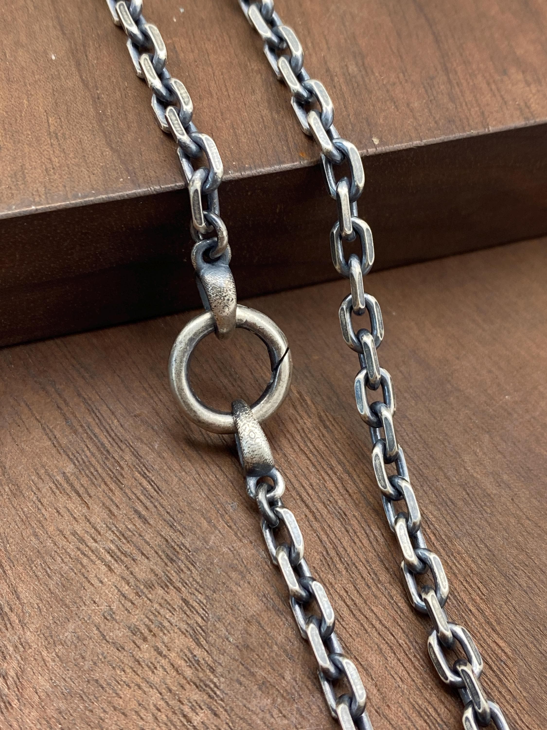 Mens Silver Chain Cable Chain Oxidized Silver Necklace With Circle Spring Clasp For Pendant  925 Sterling Silver
