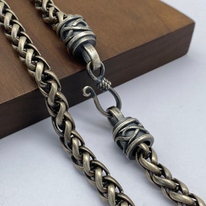 Mens Oxidized Sterling Silver Wheat Chain: Viking Foxtail Necklace, 8mm