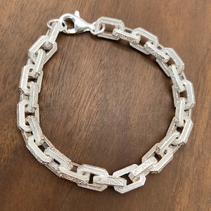 Mens Chunky Sterling Silver Bracelet: Rectangular Link Chain, 8mm Width