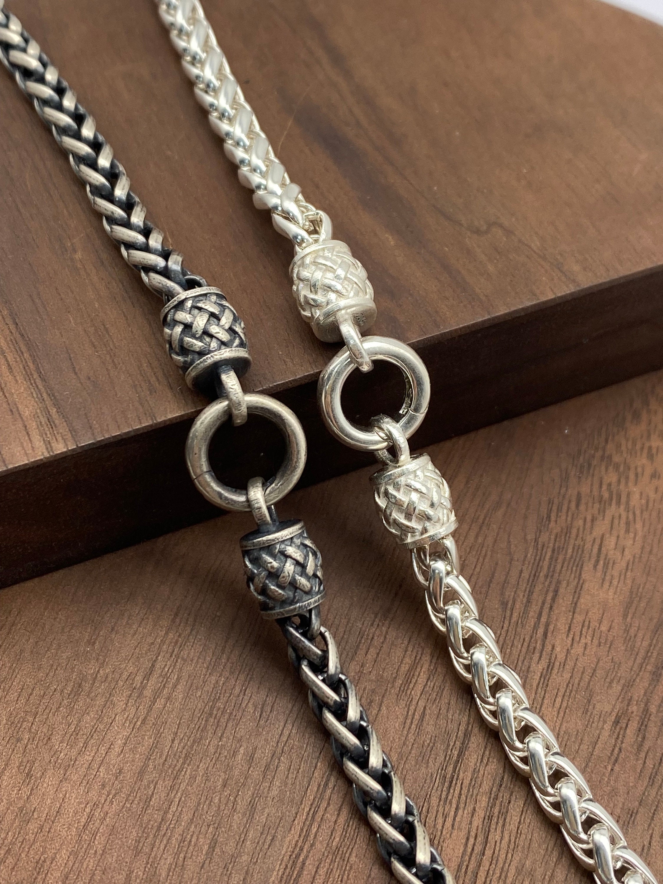 925 Silver Braid Chain Necklace - Mens Wheat Foxtail Chain (5mm