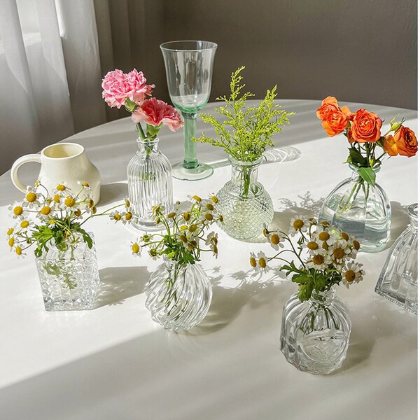 Vase bourgeon de fleur en verre transparent gaufré français vintage, récipient de vase de fleur séchée de fleur de plante hydroponique pour la décoration de bureau à domicile