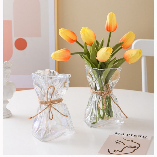 Origami Vase en verre irrégulier pour bouquet Fleurs séchées Hydroponique, Clair Brillant Verre Vase Artistique Fleurs Centre De Décoration Intérieure