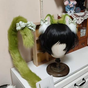Green Cat Ears and Tail Set, Cute Kitten Ears, Cat Ears, Cat Tail, Furry, Faux Fur, Custom Available