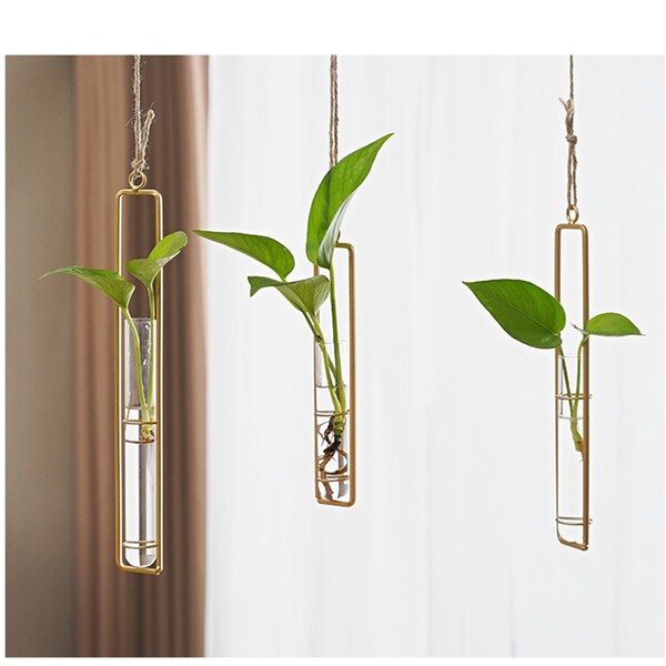 Black/Gold/White Hanging Glass Planter Water Iron Art Hydroponic Vase Transparent Test Tube Flower Hanging Bottle Home Decoration