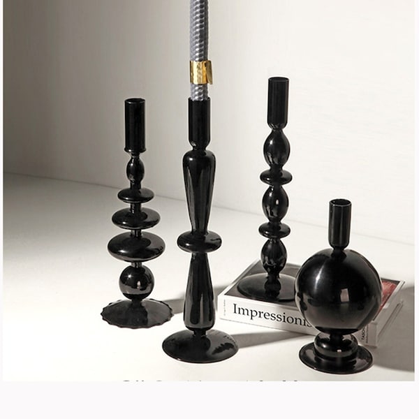 Abstract Art Black Glass Candle Holder Modern Glass Taper Candle Holder Pillar Candlelight Table Ornament Gothic Glass Vase