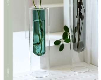 Vase simple à double tube droit, vase en verre hydroponique transparent, vase de bourgeon de fleur en verre de table pour décorer la chambre du salon