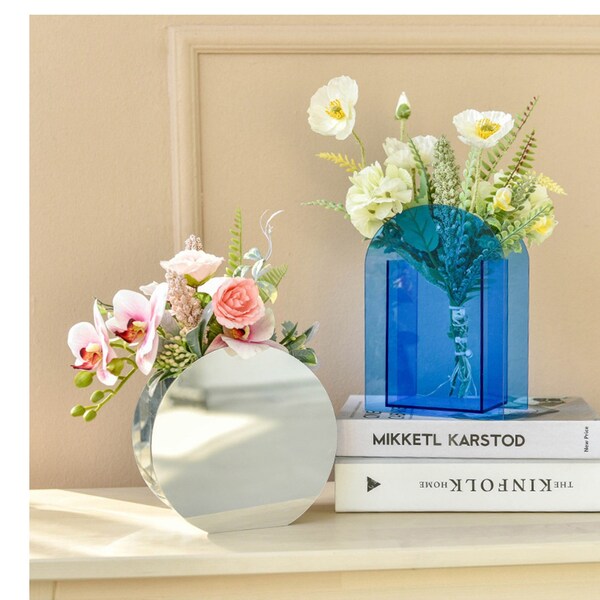 Colorful Acrylic Flower Vase For Living Room ,Transparent Geometric Flower Ornament, Simple  Single Flower Bud Vase , Mirror Round Vase