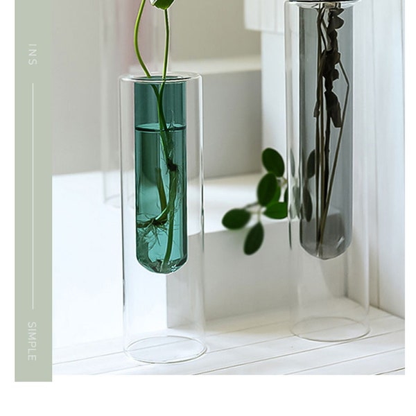 Simple Double Straight Tube Vase, Transparent Hydroponic Glass Vase, Tabletop Glass Flower Bud Vase For Decorating Living Room Bedroom