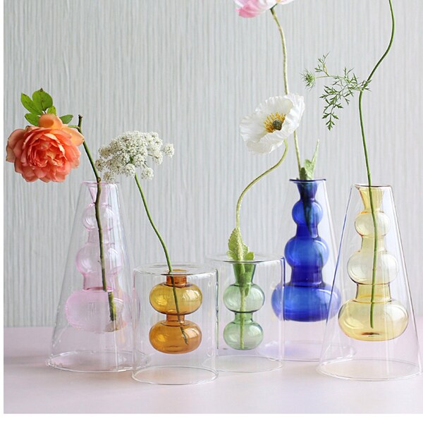 Double / Triple Gourd Vase Art Centerpiece Decorative, Personalized Art Ornaments,Transparent Color Hydroponic Vase ,Tabletop Decor Vase
