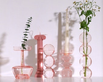 Portacandele in vetro rosa Portacandele conici in vetro moderno Colonna Ornamento da tavolo a lume di candela Ornamenti decorativi per vasi in vetro rosa