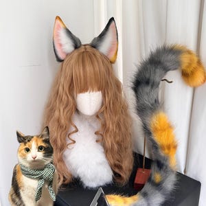 Calico Cat Ears and Tail Set, Tortoiseshell-and White Cat Ears Tail, Cosplay Calico Cat,Cosplay Tricolor Cat, Kemonomimi, Custom Available