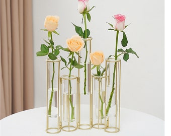 Hydrocultuur glazen vaas met metalen houder, transparante mini plantenbak, moderne eenvoudige glazen vaas voor woonkamer, creatief klein ornament