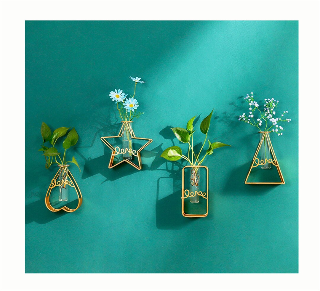 Gold Wall Decor, Geometric Metal Art Wall Glass Vase, Plant Hydroponic