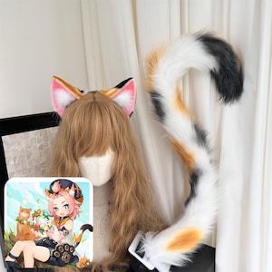 Calico Cat Ears and Tail Set, Tortoiseshell-and White Cat Ears Tail, Cosplay Calico Cat, Cosplay Diona, Kemonomimi, Custom Available