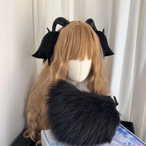 Handmade Sheep Ears and Tail Set, Black Sheep Ears with Horns, Black Sheep Tail, Kemonomimi, Cosplay Sheep, Custom Available
