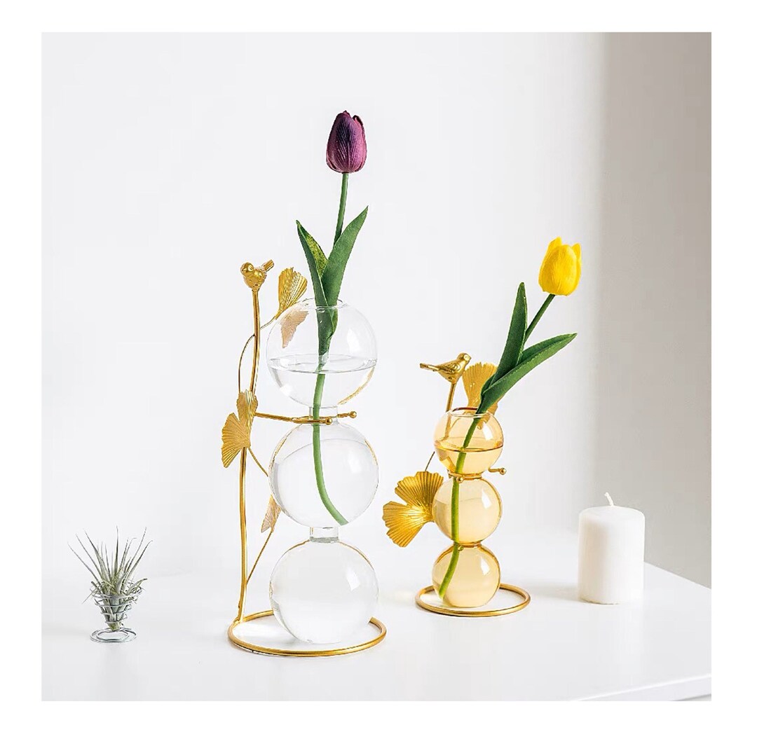 Gold/clear Ground Glass Vase With Metal Holder, Bubble Flower Vase