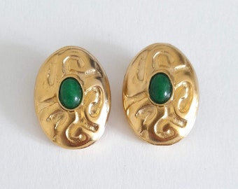 Edouard Rambaud - Boucles d’oreilles vintage cabochons verts, cadeau pour elle