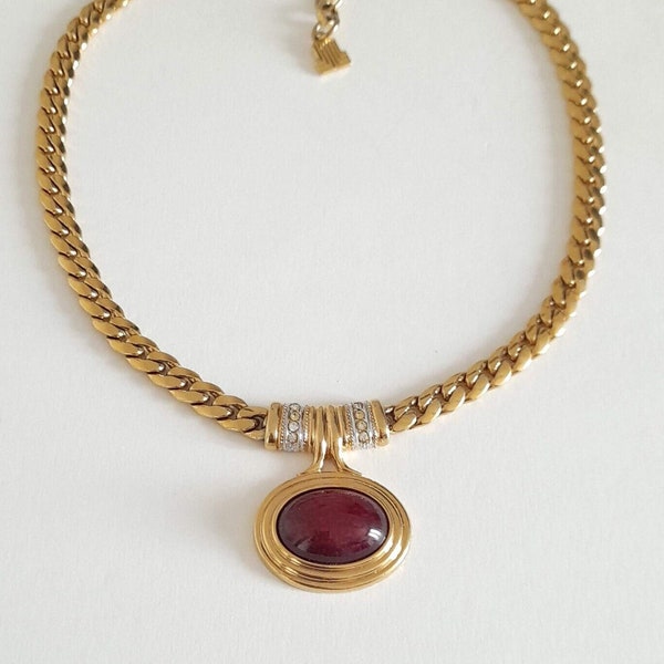 Lanvin - Collier vintage avec cabochon rouge- bordeaux et cristeaux,cadeau pour elle