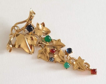 Carven - Rare and vintage brooch of vine leaves and glass cabochons, gift for her