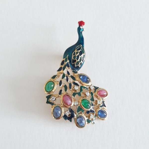 Cascio - Vintage Peacock brooch with glass cabochons and crystals, gift for her