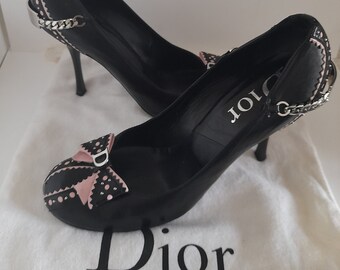 Christian Dior - Escarpin vintage  en cuir, noir et rose, cadeau pour elle