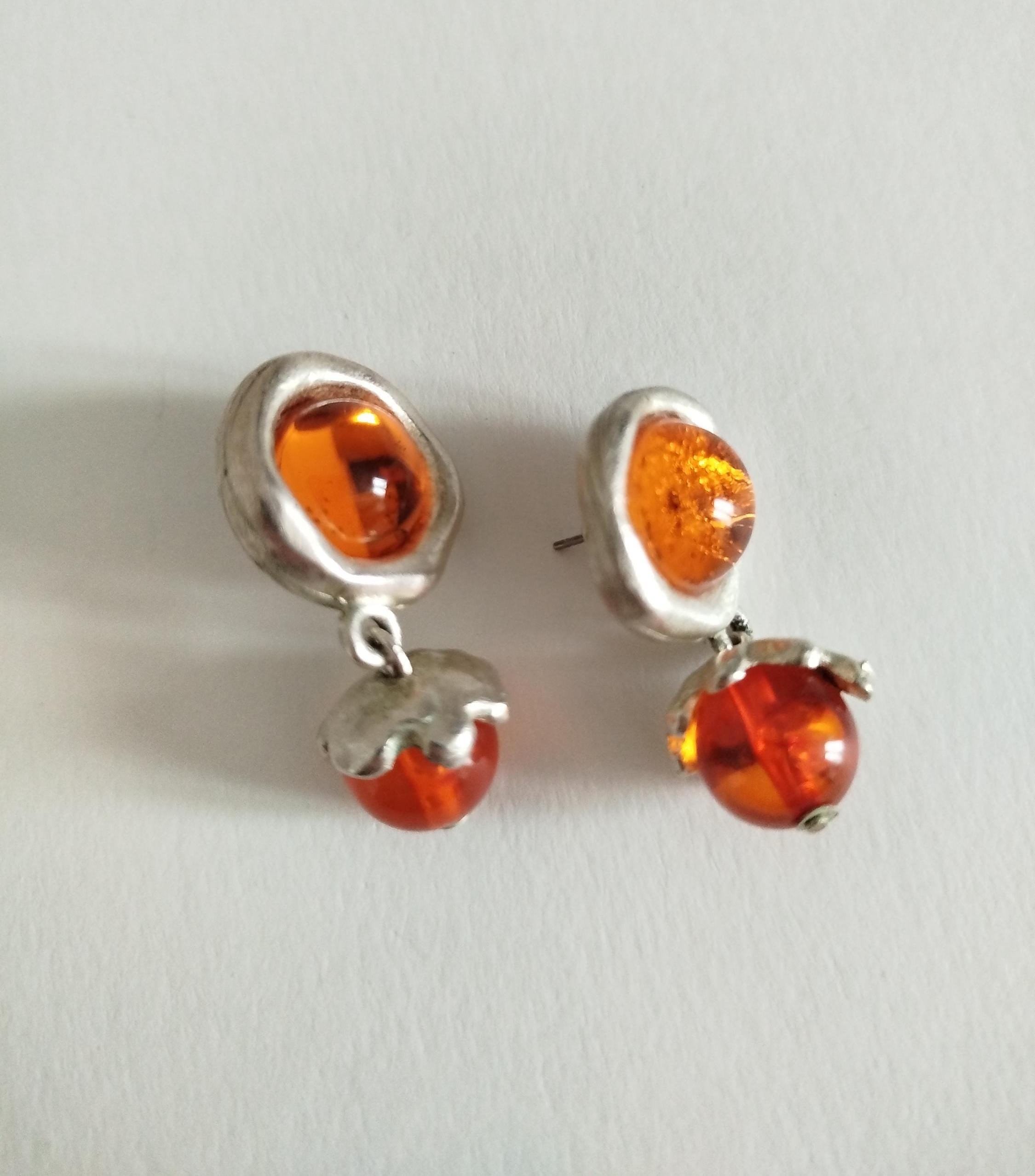 Boucles D'oreilles Biche De Bere Cabochon Ambre - Occasion - Fermoir Clip