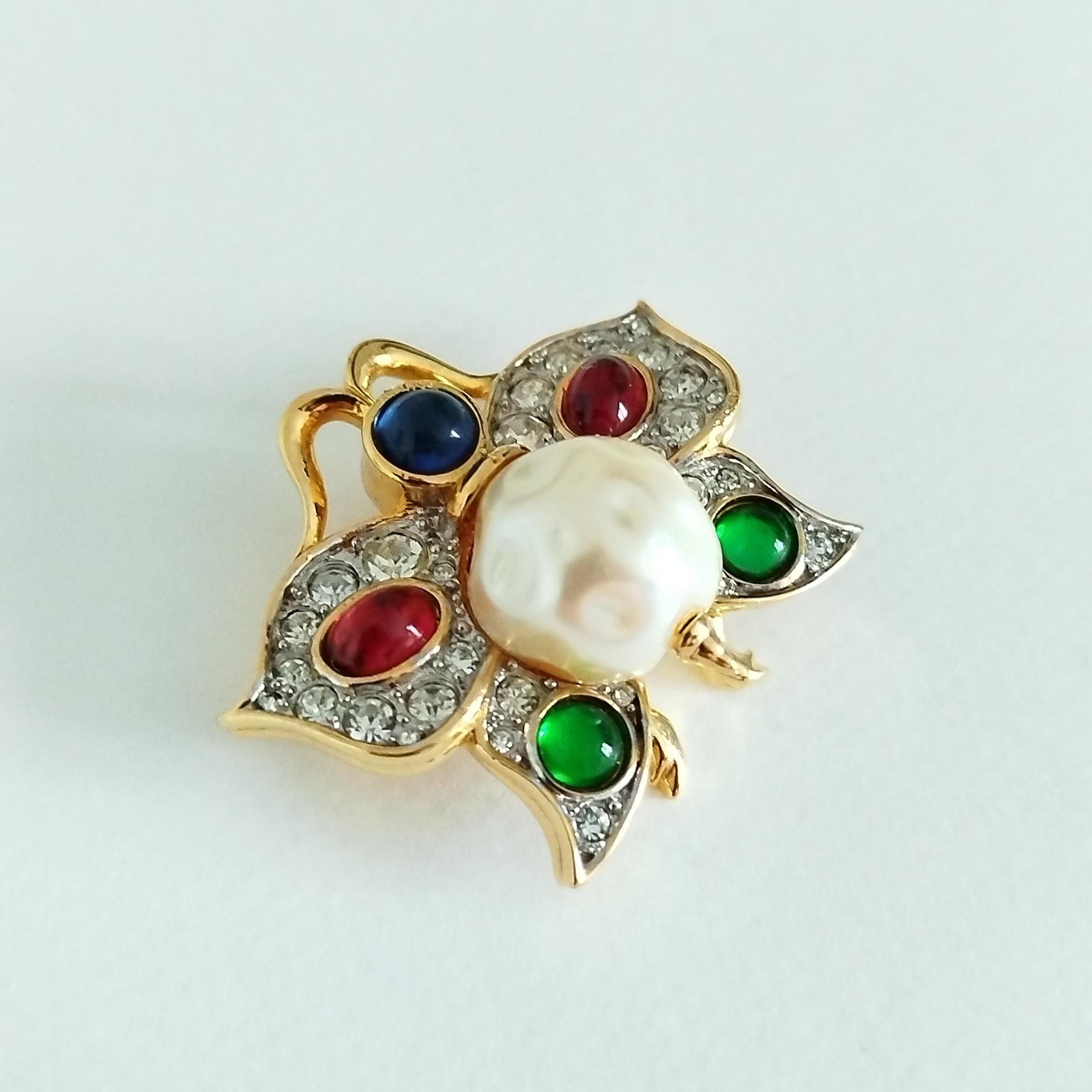 Broche Cabouchon Dorée Ovale - Perles Nacrées Et Strass, Thème Floral, Neuf Avec Petits Défauts
