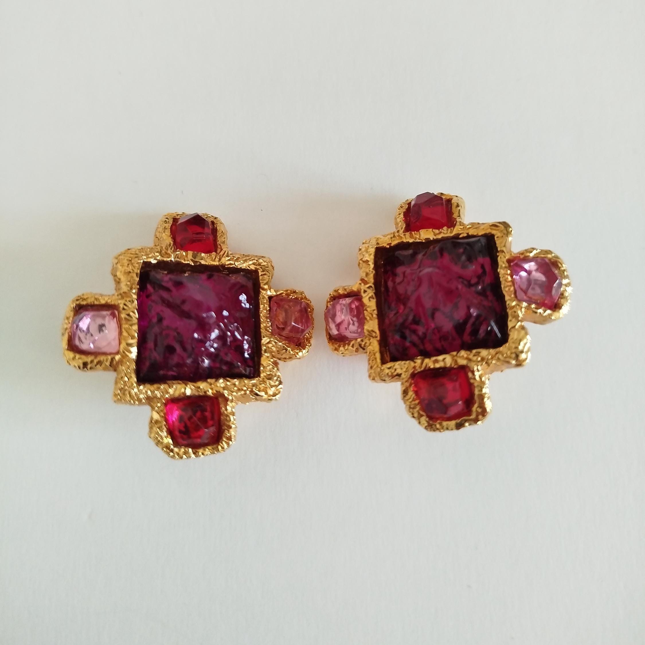 Boucles D'oreilles Vintage Art Déco – Plaqué Or, Clips Fleurs, Pendantes