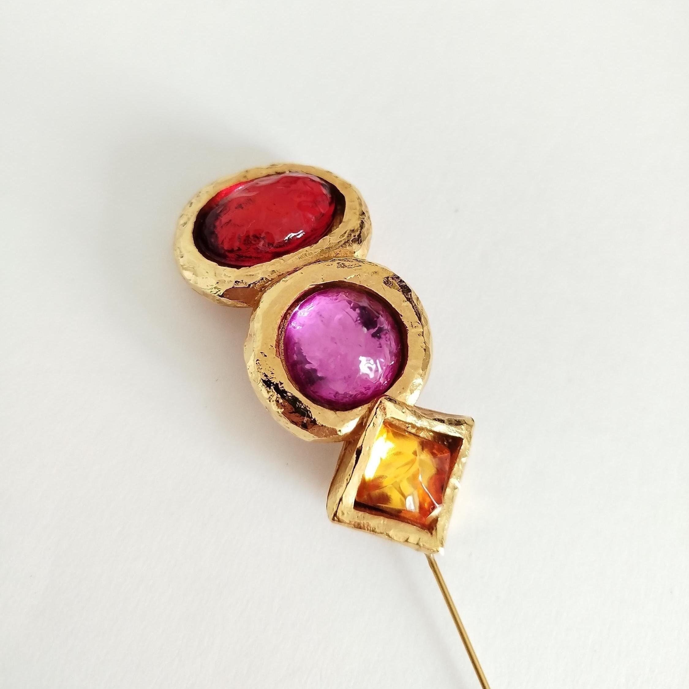 Broche Vintage Signée Alexis Lahellec Paris - Métal Argenté, Pierres Multicolores