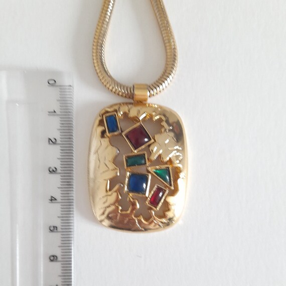 Signé ORENA PARIS collier chaîne Et plastron cuir rouge et métal doré vintage - France